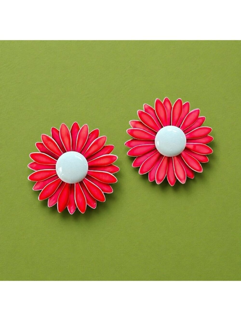 Vintage 1960s Enamel Flower Earrings Coral White MOD Pop Art Clip On Statement